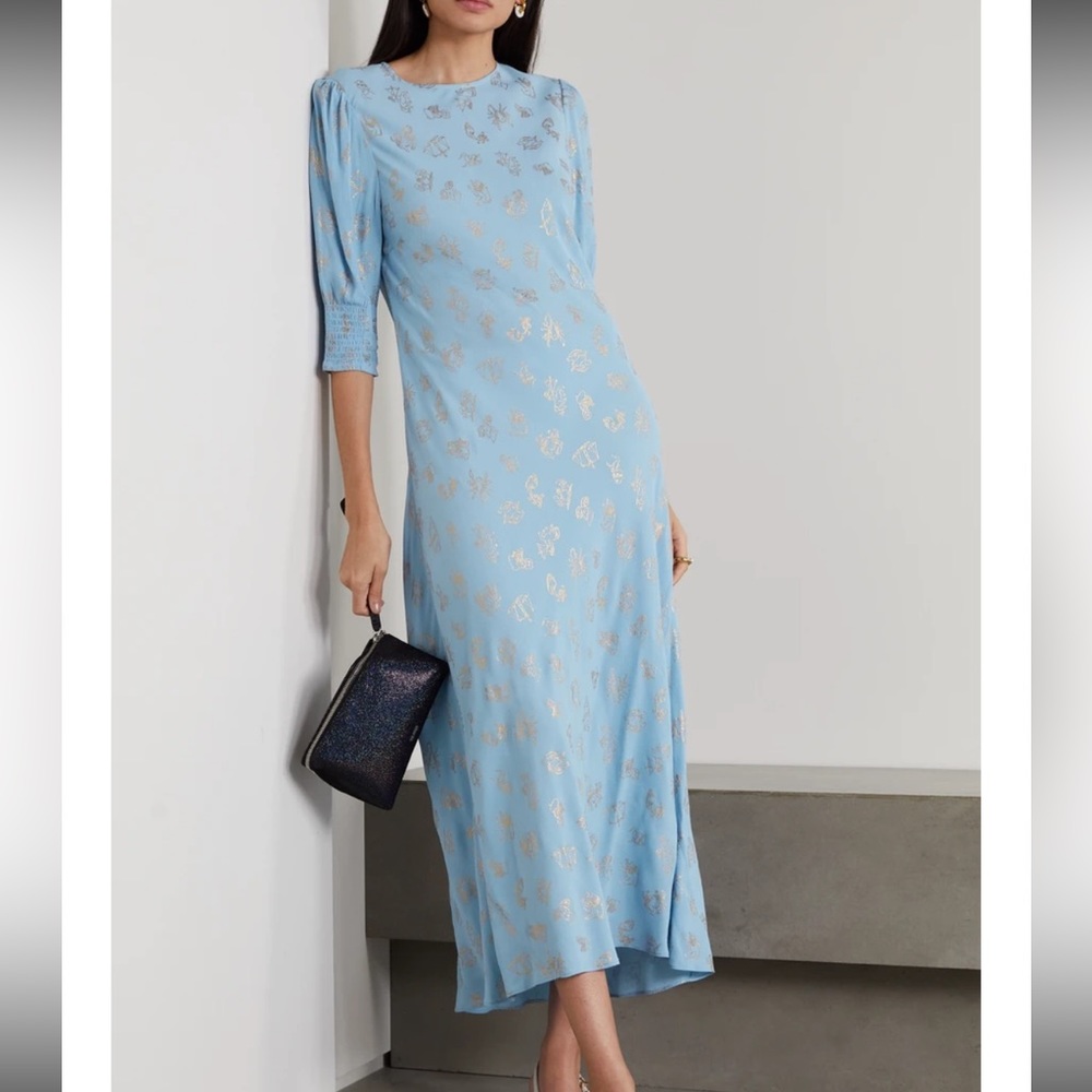 RIXO Blue and Gold Sheath Midi Dress with Cuffed Sleeves